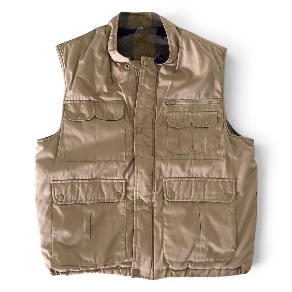 Vintage WEEDS Safari Utility Vest Men’s Medium Tan Plaid Lined Multi Pocket